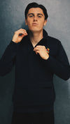 Woodlake Waffle Sweater in Navy 1/4 zip Front pocket