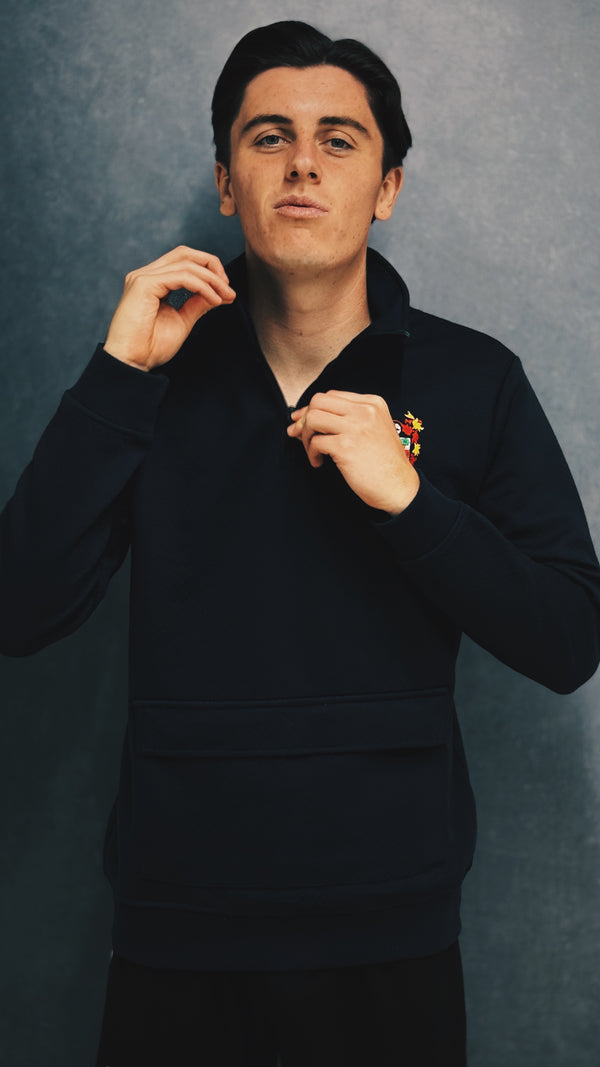 Woodlake Waffle Sweater in Navy 1/4 zip Front pocket