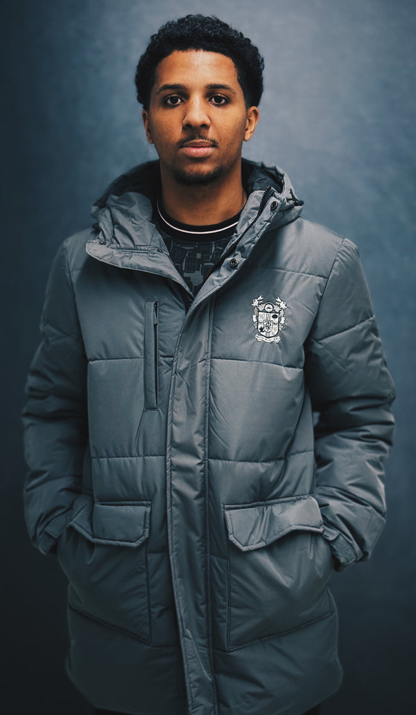 Pioneer Grey Winter Puffer Coat – Warmth & Style with Tonal Crest