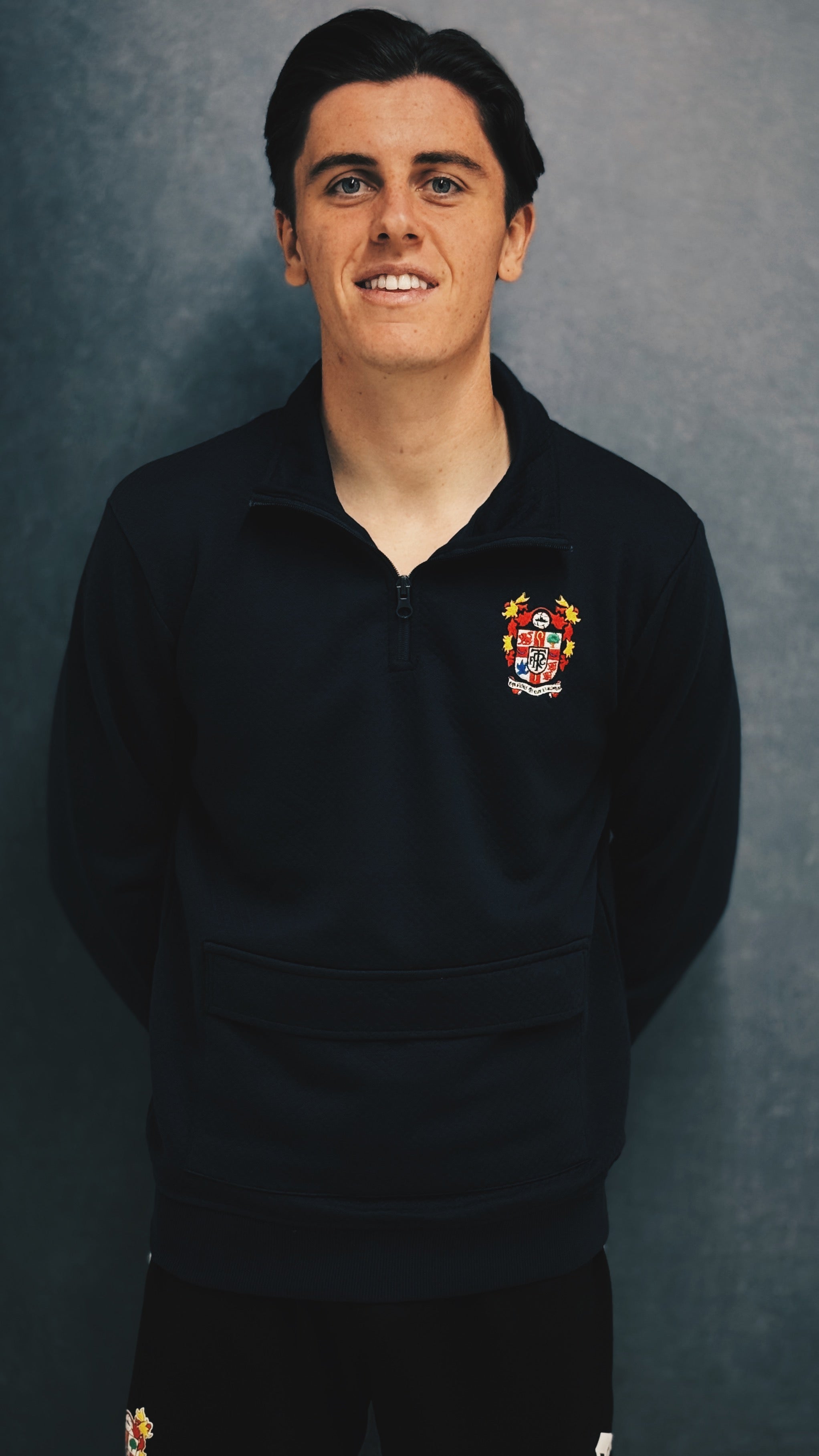 Woodlake Waffle Sweater in Navy 1/4 zip Front pocket