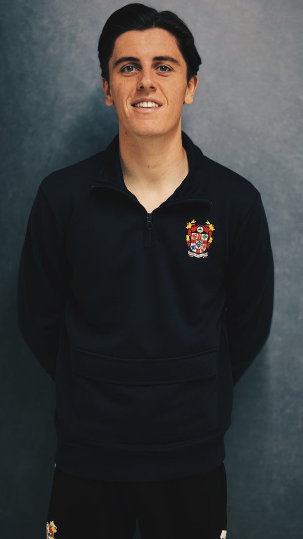 Woodlake Waffle Sweater in Navy 1/4 zip Front pocket